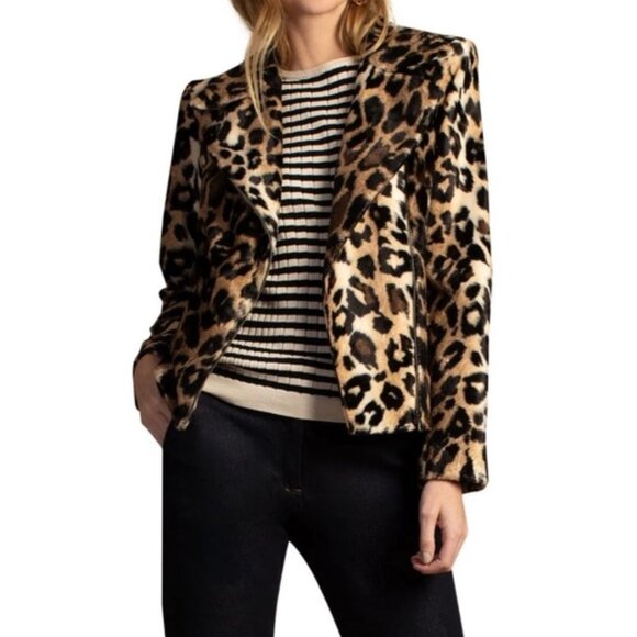 TRINA TURK Wine Country Reprise Leopard Faux Fur Moto Jacket Size 0 - Picture 2 of 4